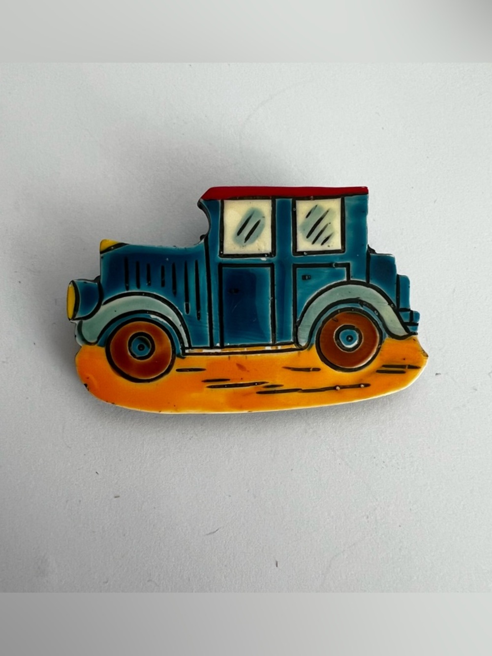 Vtg W. Germany Hand Painted Pin Brooch Classic Car Yellow Blue 1910s/20s Model T
